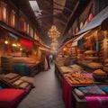 A bustling marketplace in a foreign land, with colorful fabrics and exotic goods, offering a glimpse into a vibrant culture5