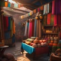 A bustling marketplace in a foreign land, with colorful fabrics and exotic goods, offering a glimpse into a vibrant culture1