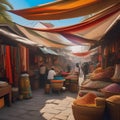 A bustling marketplace in a foreign land, with colorful fabrics and exotic goods, offering a glimpse into a vibrant culture2