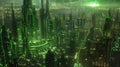 A bustling metropolis bathed in an ethereal green glow powered entirely by renewable energy sources.