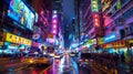 A bustling metropolis of striking neon colors where skyhigh buildings reach for the stars and the streets pulse with