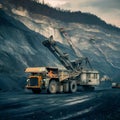 Bustling mining site with rugged terrain, heavy machinery, and steep cliffs in background