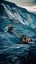 Bustling mining site with rugged terrain, heavy machinery, and steep cliffs in background