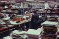 Businessman working in office, he is overloaded with paperwork and files