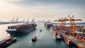 A bustling port, with cargo ships and cranes, showcasing the global trade.