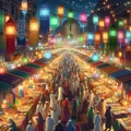 A bustling Ramadan night market scene with vibrant stalls selling colorful fabrics, sweets, and lanterns. Happy ramadan Royalty Free Stock Photo