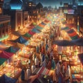 A bustling Ramadan night market scene with vibrant stalls selling colorful fabrics, sweets, and lanterns. Happy ramadan Royalty Free Stock Photo