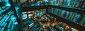 A bustling stock exchange floor with data streams connecting traders\' screens generated by AI