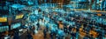 A bustling stock exchange floor with data streams connecting traders\' screens generated by AI