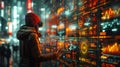 A bustling stock market exchange with traders using holographic gloves to interact with a large transparent display. The