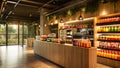A bustling store filled with a wide array of juice bottles, showcasing a vibrant and abundant selection, Adjoining juice bar in a