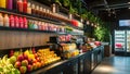 A bustling store packed with a wide range of colorful fruits and a diverse selection of refreshing drinks for sale, Adjoining