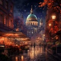 Bustling street in Budapest at night with iconic landmarks subtly illuminated