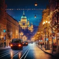 Bustling street in Budapest at night with iconic landmarks subtly illuminated