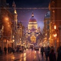 Bustling street in Budapest at night with iconic landmarks subtly illuminated