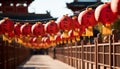 Bustling street celebrating chinese new year with vibrant red lanterns and festive atmosphere