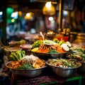 Bustling street food scene in Chiang Mai with vibrant food stalls and local vendors