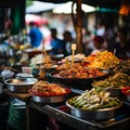Bustling street food scene in Chiang Mai with vibrant food stalls and local vendors