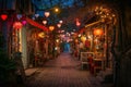 A bustling street illuminated by numerous lanterns hanging from its sides, A street lit by heart-shaped lanterns and lined with