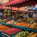 A bustling street market in a foreign land, with exotic fruits and spices, showcasing a vibrant and diverse culture2