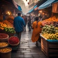 A bustling street market in a foreign land, with exotic fruits and spices, showcasing a vibrant and diverse culture4