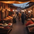 A bustling street market in Marrakech with vendors selling spices, textiles, and ceramics5