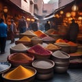 A bustling street market in Marrakech with vendors selling spices, textiles, and ceramics1