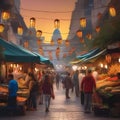 A bustling street market with people shopping, street performers, food stalls, and colorful decorations2