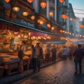 A bustling street market with people shopping, street performers, food stalls, and colorful decorations1