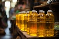 At the bustling street market, vegetable oil is a sought after commodity for sale