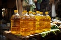 At the bustling street market, vegetable oil is a sought after commodity for sale