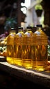 At the bustling street market, vegetable oil is a sought after commodity for sale