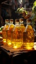At the bustling street market, vegetable oil is a sought after commodity for sale