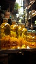 At the bustling street market, vegetable oil is a sought after commodity for sale