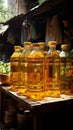 At the bustling street market, vegetable oil is a sought after commodity for sale