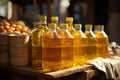 At the bustling street market, vegetable oil is a sought after commodity for sale