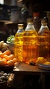 At the bustling street market, vegetable oil is a sought after commodity for sale