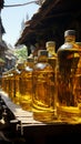 At the bustling street market, vegetable oil is a sought after commodity for sale