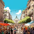 Bustling Street in Milan: Vibrant Atmosphere and Joyful Activities