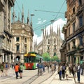 Bustling Street in Milan: Vibrant Atmosphere and Joyful Activities