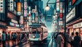 Bustling Street with Pedestrians, Neon Lights, and an \'EXPLORE\' Tram - AI Generated