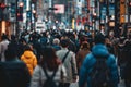 A bustling street scene with a crowd of people walking, focus on diverse individuals in an urban setting