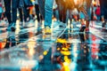 A bustling street scene with a crowd of people walking, focus on diverse individuals in an urban setting