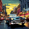 Bustling Street Scene in Retro-Inspired Art Style: The Golden Era