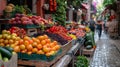 A bustling summer street market with colorful stalls overflowing with fresh fruits. Generative ai