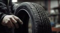 In a bustling tire shop, a skilled mechanic displays a fresh tire