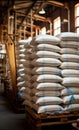 A bustling warehouse filled with sacks of flour, sugar, and groats