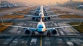 busy airport airfield runway with group of airplanes queueing to departure heavy air traffic Royalty Free Stock Photo