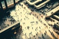 busy airport with long lines of travelers and busy terminals, viewed from above