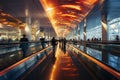 Busy airport scene Two moving walkways carry people forward in a blur Royalty Free Stock Photo